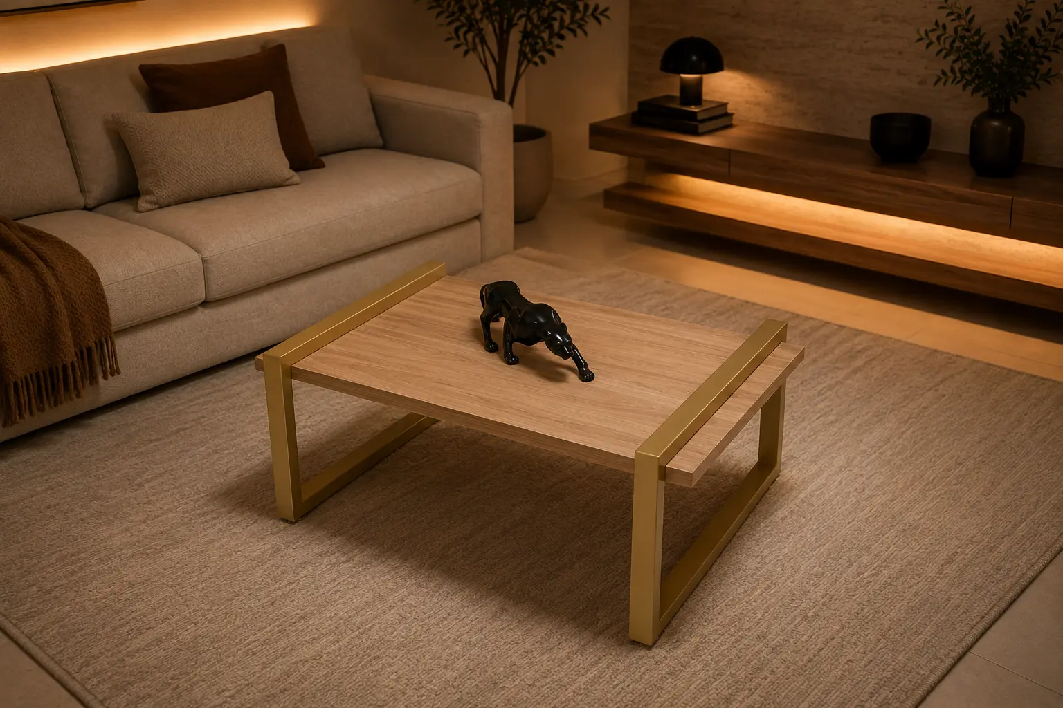 Mesa Frame com estrutura metálica preta e tampo nobre
